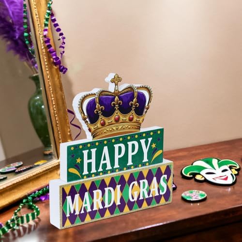 MEETYAMOR Mardi Gras Decorations, Wood Block Crown HAPPY MARDI GRAS Sign Table Decor, Glitter 3-Layered Wooden Mardi Gras Centerpieces for Tables Party Home Room Tiered Tray Shelf Tabletop Mantel - Image 4