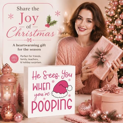Pink Christmas Bathroom Decor, Funny Santa Hat Christmas Wooden Box Sign - Image 6