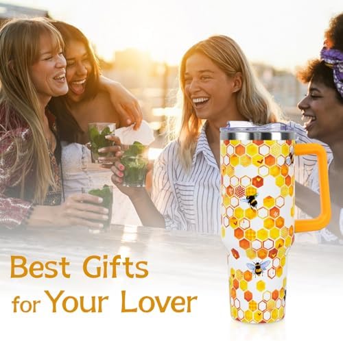 Spring Summer Tumbler with Handle and Straw Lid 40 oz,Cute Bee Gift for Women Men Queen Bee Honeycomb Vacuum Insulated Leak Proof Stainless Steel Coffee Cup Mug - Image 7