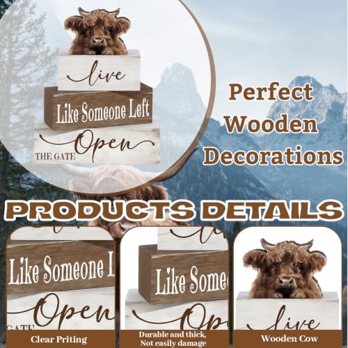 Moucuny 4 Pcs Christmas Table Sign Christmas Wooden Decorative Signage Winter Tiered Tray Decor Winter Centerpieces Farmhouse Wooden Block Set Xmas Table Sign for Home, Highland Cattle - Image 2