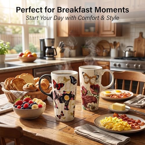 Topadorn 17oz Ceramic Travel Mugs with Lids, Butterfly Floral Mug Set of 2 - Image 5