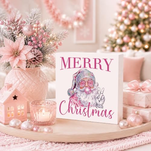 Pink Christmas Decor, Christmas Decorations Indoor, Sunglasses Claus Blowing Bubble Sign Gift for Women Friends, Rustic Wooden Box Sign for Home Office Bedroom Desk Decor 5x5 Inches - Image 3