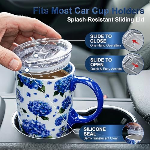 Topadorn 17oz Ceramic Travel Mug with Lid, Blue Hydrangea Floral Coffee Mug - Image 5