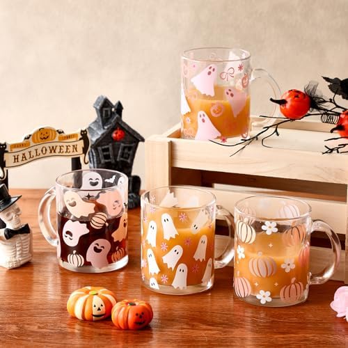 Tioncy 4 Pcs Halloween Coffee Mugs 12 oz Cute Pink Ghost Glass Cups - Image 2