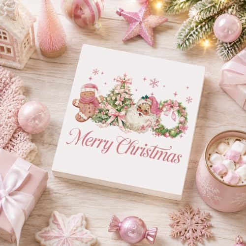 Pink Christmas Decor, Christmas Decorations Indoor, Coquette Bow Xmas Tree Santa Claus Gingerbread Sign Gift for Women Friends, Rustic Wooden Box Sign for Home Office Bedroom Desk Decor 5x5 Inches - Image 4