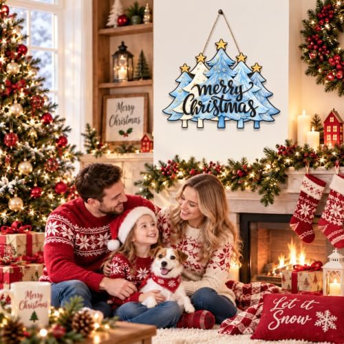 Christmas Decorations Blue White Christmas Tree Merry Christmas Wood Sign - Image 5