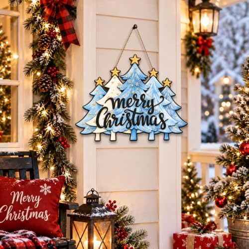 Christmas Decorations Blue White Christmas Tree Merry Christmas Wood Sign - Image 4