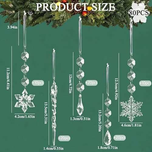 Crystal Christmas Tree Ornaments, Clear Acrylic Snowflake & Icicle, 80pcs - Image 3