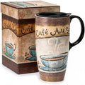 Topadorn 17oz Ceramic Travel Mug with Lid, French Café Coffee Mug with Handle, Vintage Latte Cup for Coffee Tea Cocoa, Microwave & Dishwasher Safe, Gift Box Included by Topadorn