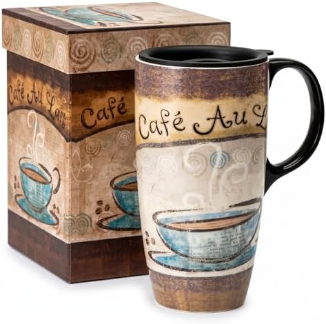 Topadorn 17oz Ceramic Travel Mug with Lid, French Café Coffee Mug with Handle, Vintage Latte Cup for Coffee Tea Cocoa, Microwave & Dishwasher Safe, Gift Box Included by Topadorn