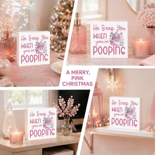 Christmas Bathroom Decor, Funny Pink Christmas Decorations, Glitter Santa Claus Bathroom Table Decoration He Sees You When You're Pooping Wooden Box Sign, Home Shelf Desk Decor for Toilet 5x5 Inches - Image 5