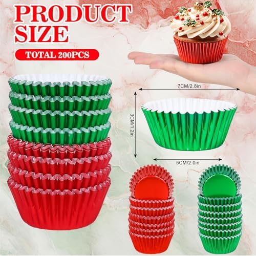 JarThenaAMCS 200Pcs Christmas Foil Cupcake Liners Xmas Red Green Foil Metallic Baking Cups Cupcake Wrappers Muffin Liners for Holiday Party Supplies - Image 2