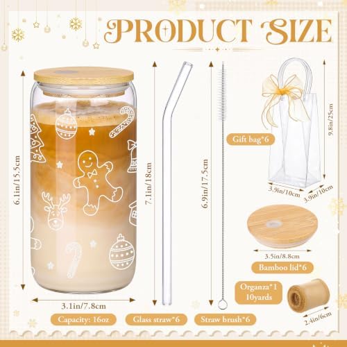 6 Sets 16 oz Christmas Glass Cups with Clear Gift Bag For - Image 3