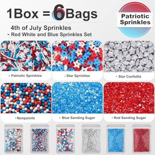 HUEBEATY 6-in-1 Patriotic 4th of July Sprinkles – 180g Red White and Blue Sprinkles Mix with Silver Star Confetti, Jimmies, Nonpareils & Sugar Sprinkles for Cake, Cupcakes, Cookies & Ice Cream Decorating and Baking - Image 3
