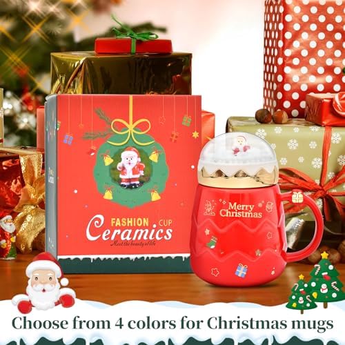 17.6 oz Christmas Mug with Winter Snow Globes Lid Decorations, Large Cute Festive Ceramic Coffee Cup, Winter Xmas Birthday Tabletop Drinkware Teacup Gifts for Adults Kids Men Women (Red) - Image 3
