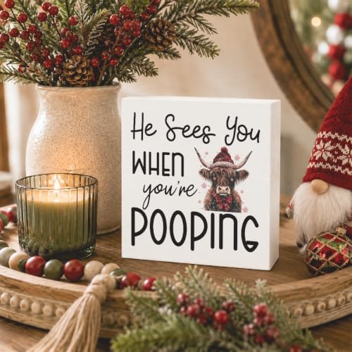 Christmas Bathroom Decor, Funny Highland Cow Christmas Decorations, Bathroom Table Decoration, Coquette Red Bow Santa Hat Wooden Box Sign, Home Shelf Desk Decor for Toilet 5x5 Inches - Image 3