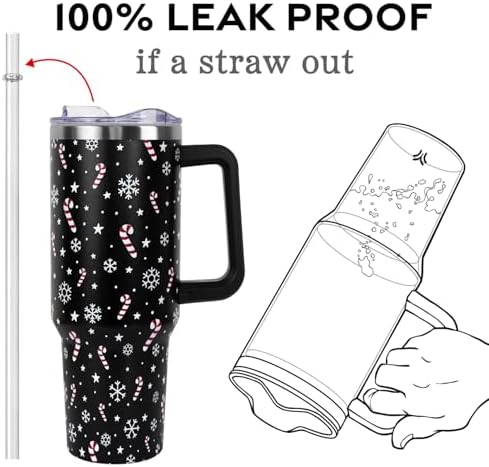 Christmas Tumbler with Handle and Straw Lid 40 oz,Cute Christmas Gifts for Women Candy Cane Snowflakes Vacuum Insulated Leak Proof Tumbler,Winter Holiday Accessories Stainless Steel Coffee Cup Mug - Image 4