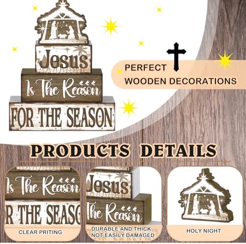 Moucuny 4 Pcs Christmas Jesus Religious Table Decor Christian Wooden Signs - Image 2