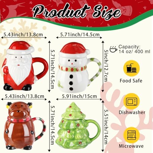 Baderke 4 Set Christmas Mugs with Lid 14 oz Santa Snowman Reindeer Tree - Image 5
