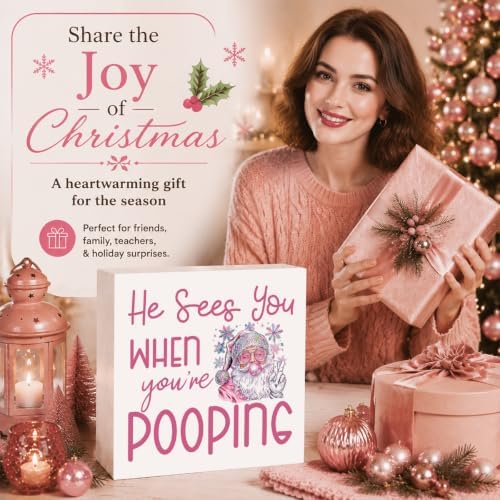 Christmas Bathroom Decor, Funny Pink Christmas Decorations, Glitter Santa Claus Bathroom Table Decoration He Sees You When You're Pooping Wooden Box Sign, Home Shelf Desk Decor for Toilet 5x5 Inches - Image 6