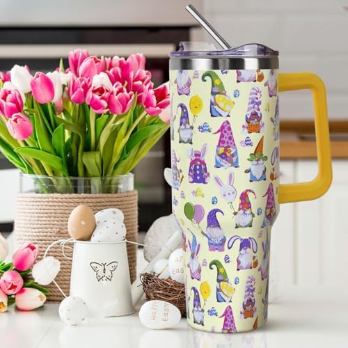 Easter Tumbler with Handle and Straw Lid 40 oz,Cute Happy Gnomes Spring Gift for Women Men Bunny Rabbit Eucalyptus Eggs Carrots Vacuum Insulated Leak Proof Stainless Steel Coffee Cup Mug - Image 2
