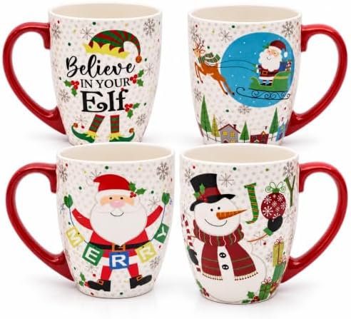 Topadorn Christmas Mugs Set of 4, Festive Coffee Cups with Handle, 18 oz Ceramic Coffee Cups - Gift for Family and Friends, Ideal for Holiday Party, Hot Chocolate, Tea by Topadorn