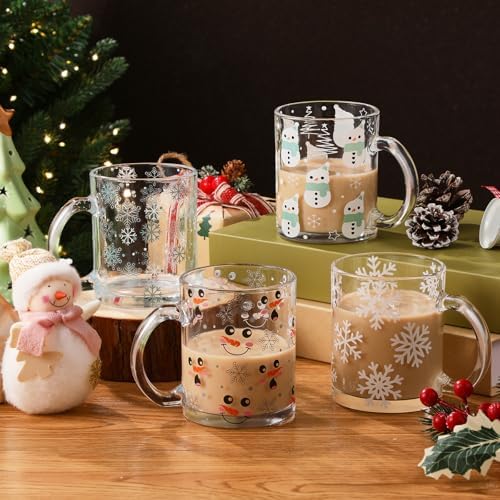 Tioncy 4 Pcs Christmas Snowman Glass Mugs, 12 oz Winter Coffee Cups - Image 2