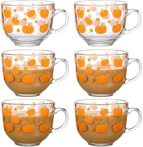 Sliner 6 Pcs Fall Pumpkin Coffee Mugs 16 oz Glass Irish Cups with Handle by Sliner