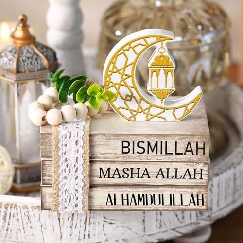 4 Pcs Table Decorations Tiered Tray Decorations Mini Wooden Books Signs for Office Shelf Classroom Tabletop Bookshelf(Ramadan) - Image 3