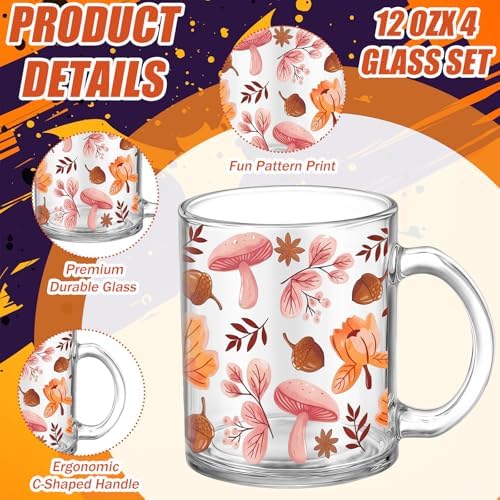 Tioncy 4 Pcs Fall Coffee Mugs 12 oz Pumpkin Harvest Glass Cups - Image 3
