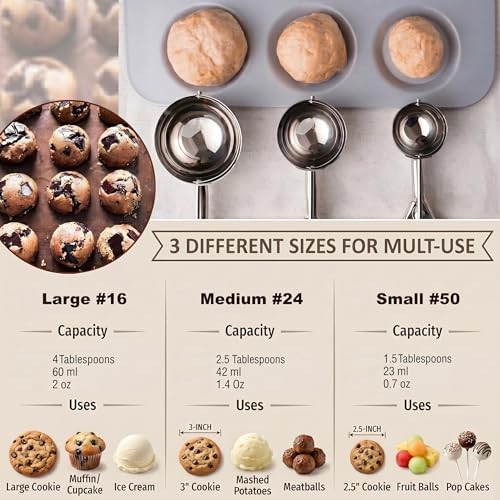 Ice Cream Scoop, 3Pcs Cookie Scoop Set, Stainless Steel Ice Cream Scooper with Trigger Release, Large/Medium/Small Cookie Scooper for Baking, Cookie Scoops for Baking Set of 3 with Cookie Dough Scoop - Image 5