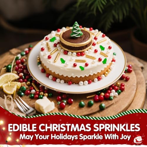 Edible Christmas Sprinkles for Cake Decorating,Gold Red Green White Pearl - Image 2