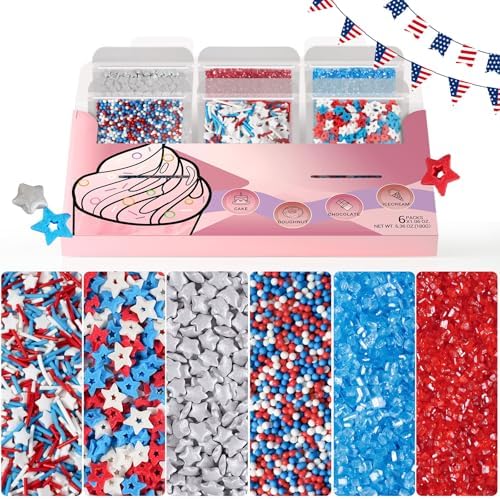 HUEBEATY 6-in-1 Patriotic 4th of July Sprinkles – 180g Red White and Blue Sprinkles Mix with Silver Star Confetti, Jimmies, Nonpareils & Sugar Sprinkles for Cake, Cupcakes, Cookies & Ice Cream Decorating and Baking by Unknown