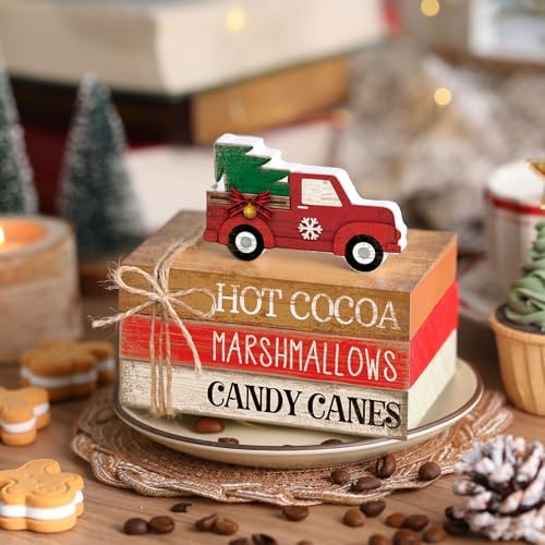 4 Pcs Christmas Tiered Tray Decor Red Truck Wooden Book Signs - Image 6