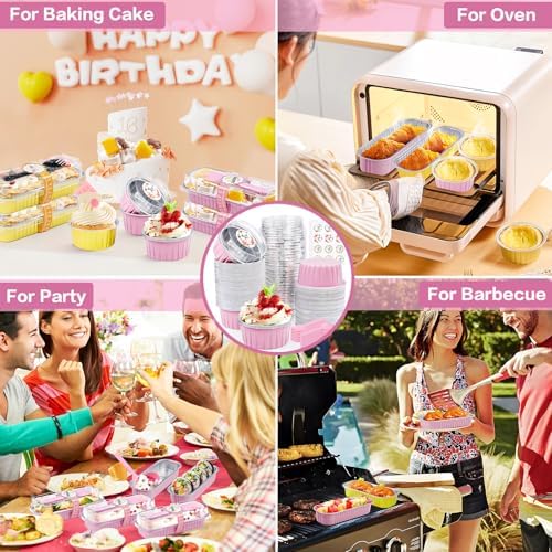 60Pcs Mini Cake Pans with Lids Aluminum Foil, ZOXILEN 5oz Disposable Mini Loaf pans with Lids and Spoons, Small Baking Cups Pie Tins Muffin Pan Cheesecake Containers for Party Pink Round - Image 5