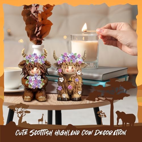2 Pcs Resin Highland Cow Figurines Decor, Lilacs Theme - Image 2