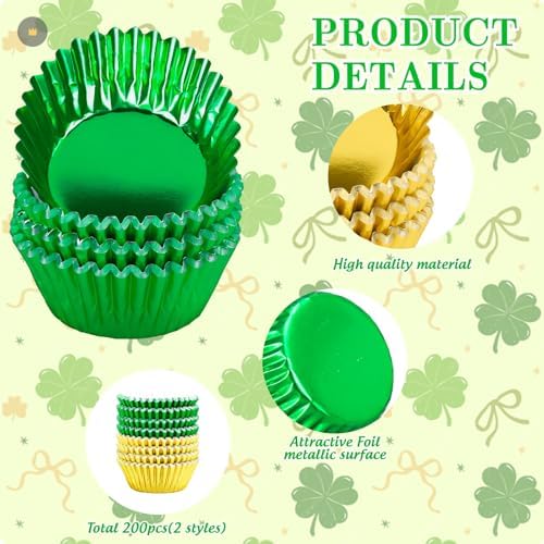 JarThenaAMCS 200Pcs St. Patrick's Day Foil Cupcake Liners Baking Cups Green Gold Foil Metallic Cupcake Wrappers Muffin Liners for Irish Holiday Birthday Party Supplies - Image 3