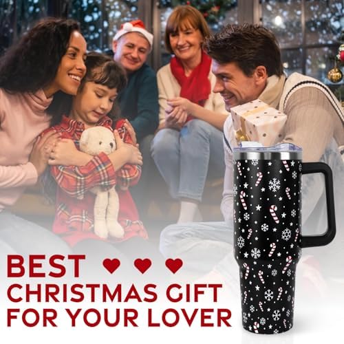 Christmas Tumbler with Handle and Straw Lid 40 oz,Cute Christmas Gifts for Women Candy Cane Snowflakes Vacuum Insulated Leak Proof Tumbler,Winter Holiday Accessories Stainless Steel Coffee Cup Mug - Image 7