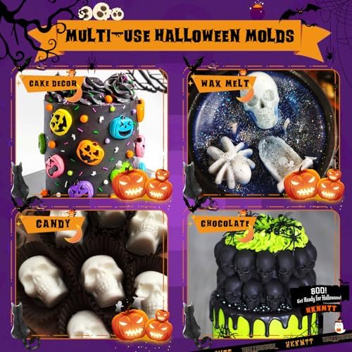 Halloween Molds Silicone for Chocolate 3 Pack, 3D Halloween Chocolate Candy Gummy Mold Skull Pumpkin Bat Ghost Witch Hat Spider tombstone Shapes Mold - Image 2