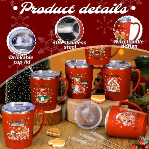 Didaey 6 Pcs Christmas Coffee Mugs Cups 11 oz Christmas Stainless Steel Tumbler Vacuum Insulated Coffee Cups with Handle Lid Straw Wine Mug for Winter Xmas Gift Holiday Party Supplies(Gingerbread Man) - Image 2