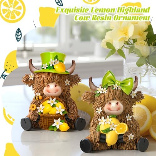 2 Pcs Resin Highland Cow Figurines Decor, Lemon Style - Image 5