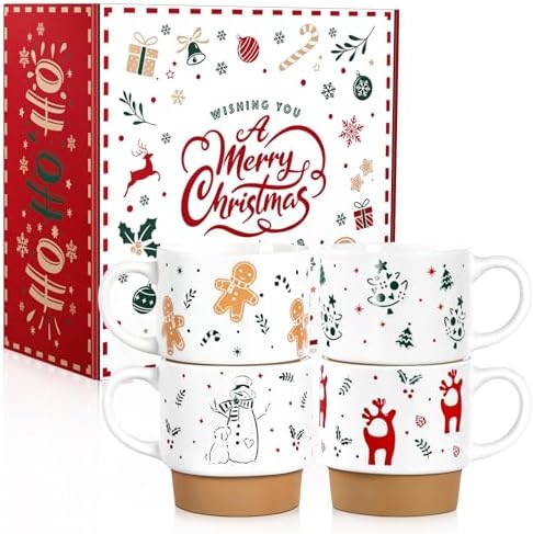 QIKSION 16oz Christmas Mugs, Large Coffee Mugs Set of 4, Holiday Hot Chocolate Ceramic Mug Gift Set for Family, Friends and Colleagues by QIKSION