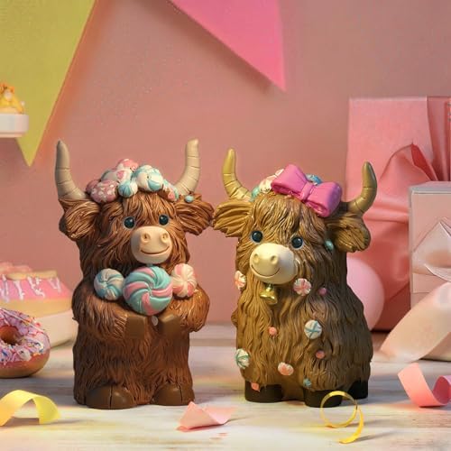 2 Pack Highland Cow Resin Figurine Decor Macarons Candy Theme - Image 5