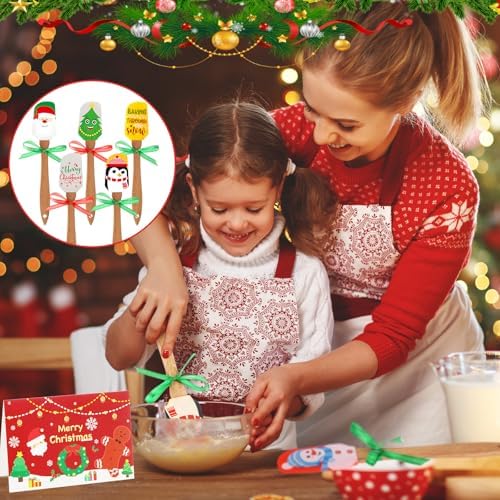 Newtay 10 Sets Christmas Silicone Spatula Cake Spatula Bulk Cooking Scraper with Wooden Handle Xmas Greeting Card Ribbon for Christmas Decoration Holiday Gifts Kitchen Party Favors (Cute Style) - Image 5