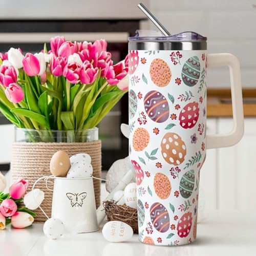 Easter Tumbler with Handle and Straw Lid 40 oz,Cute Easter Spring Gift for Women Men Eggs Floral Vacuum Insulated Leak Proof Stainless Steel Coffee Cup Mug - Image 2