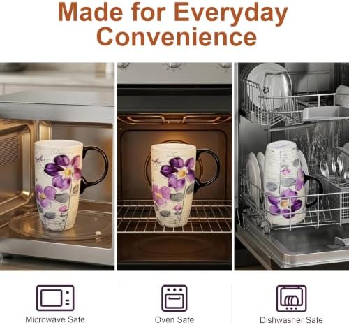 Topadorn 17oz Ceramic Travel Mug with Lid, Tall Purple Floral Coffee Mug - Image 6