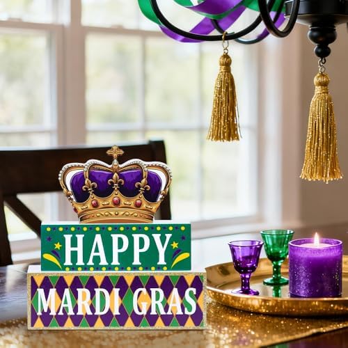 MEETYAMOR Mardi Gras Decorations, Wood Block Crown HAPPY MARDI GRAS Sign Table Decor, Glitter 3-Layered Wooden Mardi Gras Centerpieces for Tables Party Home Room Tiered Tray Shelf Tabletop Mantel - Image 6