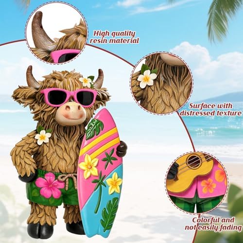 2 Pcs Highland Cow Figurines, Summer Beach Hawaii Decor - Image 4