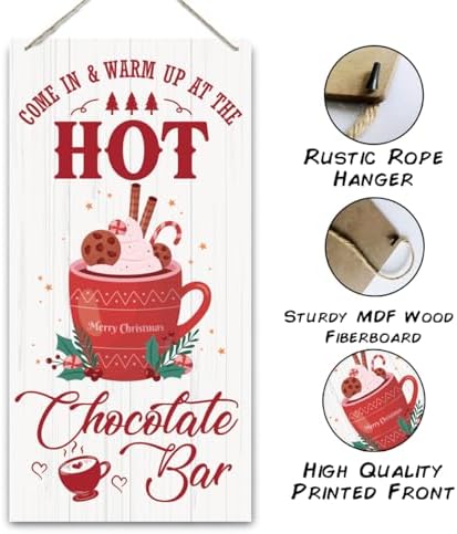 Hot Chocolate Bar Sign, Christmas Hanging Wood Sign, Winter Decorative Wall Signs, Rustic Winter Wooden Door Signs, Farmhouse Outdoor Wood Christmas Decor, Xmas Wall Art 6x12 Inches - Image 3