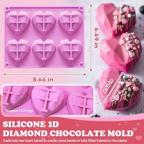 HKNMTT Heart Silicone Mold Valentine 3D Diamond Chocolate Mould 2 Pcs 12-Cavity for Hot Cocoa Bombs Cake Soap Jelly Candy Ice Biscuit Muffin Gift Party Handmade Love Shaped DIY Breakable - Image 3